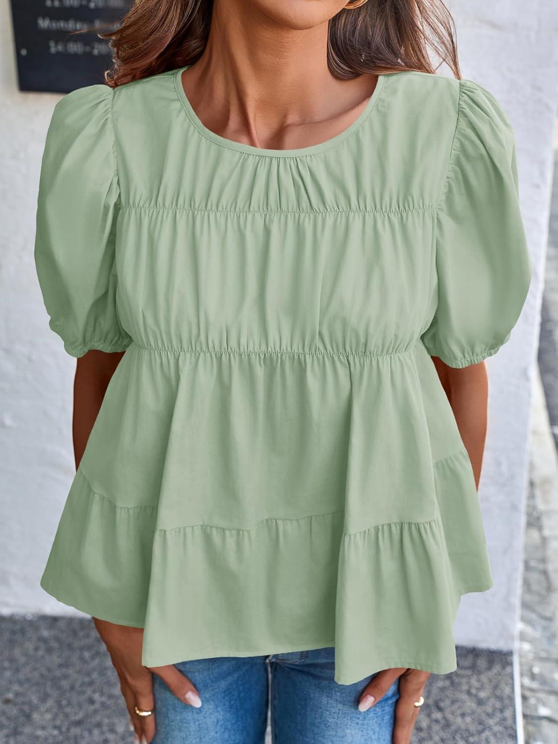 imageTankaneo Womens Puff Sleeve Peplum Babydoll Tops Summer Smoked Pleated Cotton TShirts Casual Loose Fit Flowy BlouseLight Green