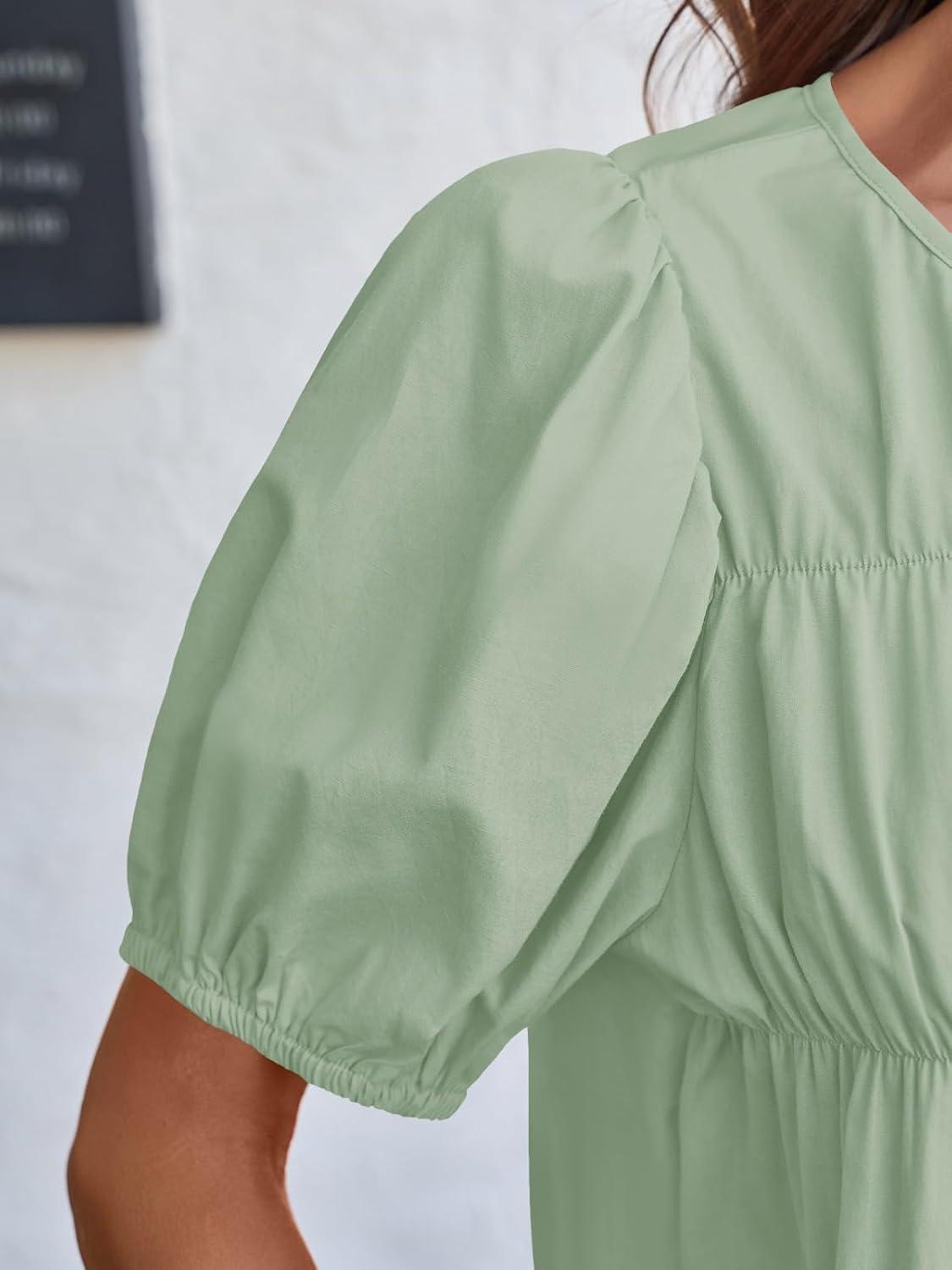 imageTankaneo Womens Puff Sleeve Peplum Babydoll Tops Summer Smoked Pleated Cotton TShirts Casual Loose Fit Flowy BlouseLight Green