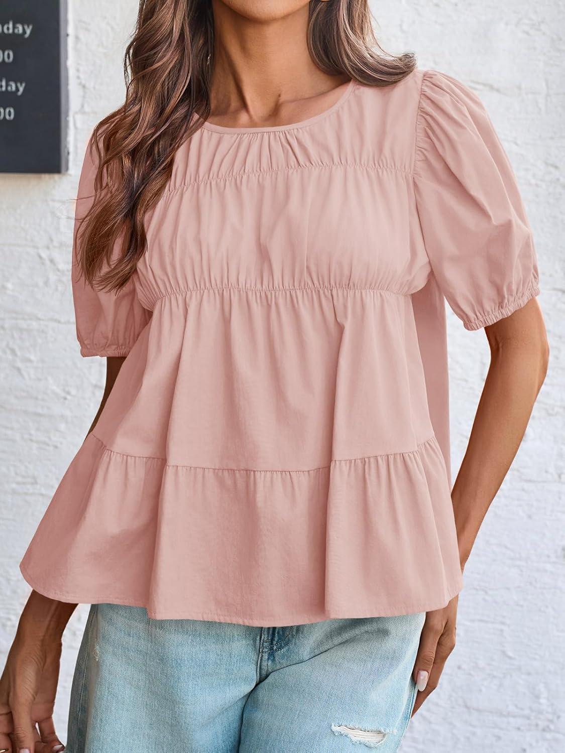 imageTankaneo Womens Puff Sleeve Peplum Babydoll Tops Summer Smoked Pleated Cotton TShirts Casual Loose Fit Flowy BlouseLight Pink