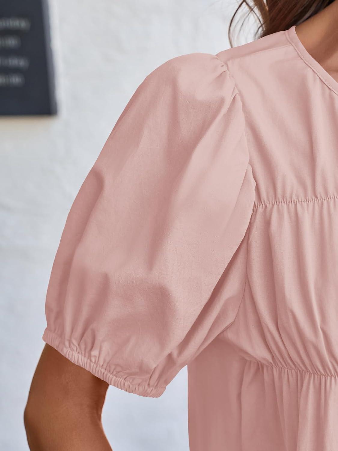 imageTankaneo Womens Puff Sleeve Peplum Babydoll Tops Summer Smoked Pleated Cotton TShirts Casual Loose Fit Flowy BlouseLight Pink