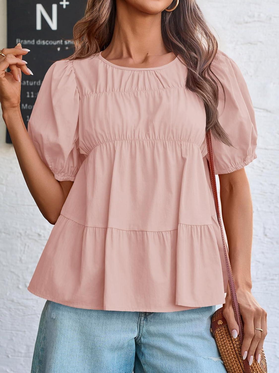imageTankaneo Womens Puff Sleeve Peplum Babydoll Tops Summer Smoked Pleated Cotton TShirts Casual Loose Fit Flowy BlouseLight Pink