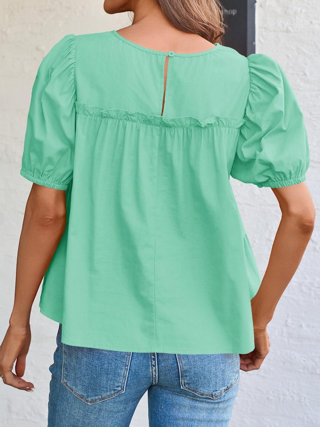 imageTankaneo Womens Puff Sleeve Peplum Babydoll Tops Summer Smoked Pleated Cotton TShirts Casual Loose Fit Flowy BlouseMint Green