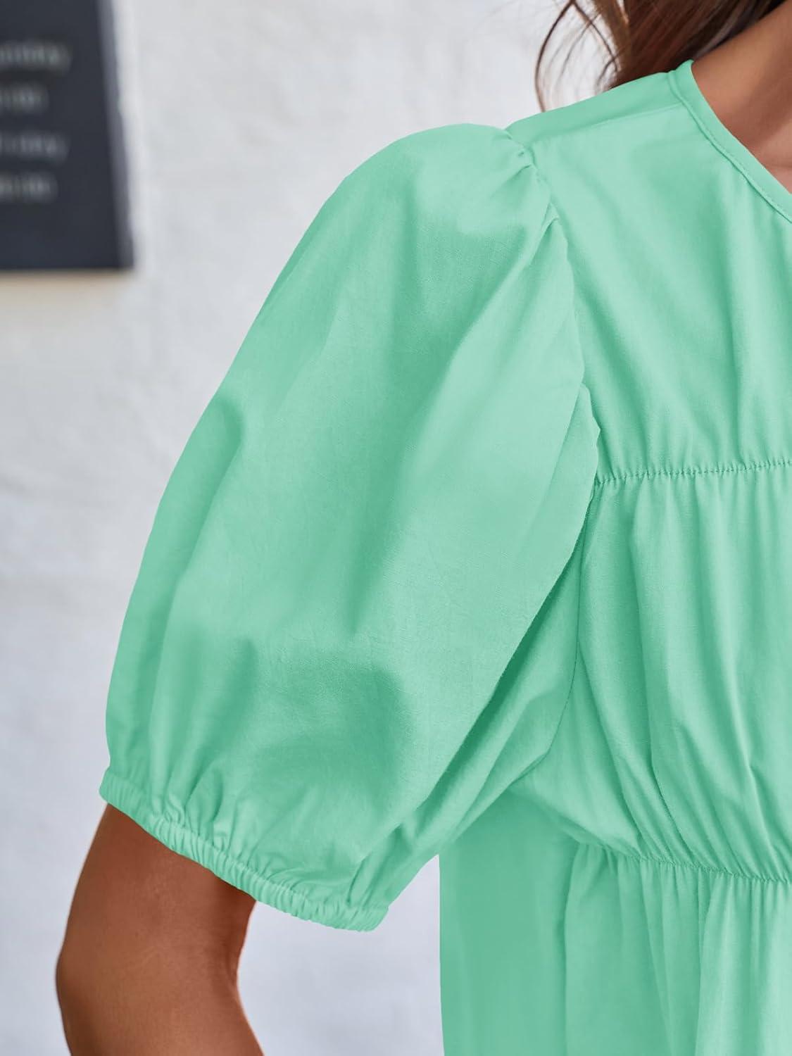 imageTankaneo Womens Puff Sleeve Peplum Babydoll Tops Summer Smoked Pleated Cotton TShirts Casual Loose Fit Flowy BlouseMint Green