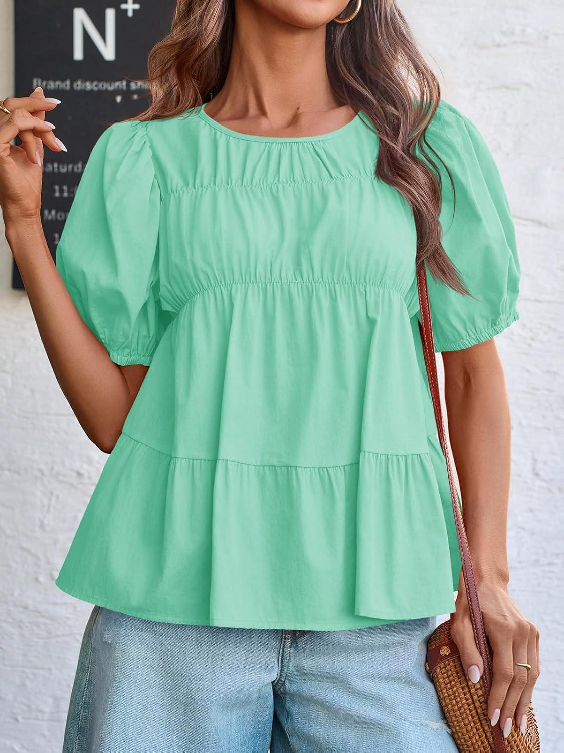 imageTankaneo Womens Puff Sleeve Peplum Babydoll Tops Summer Smoked Pleated Cotton TShirts Casual Loose Fit Flowy BlouseMint Green