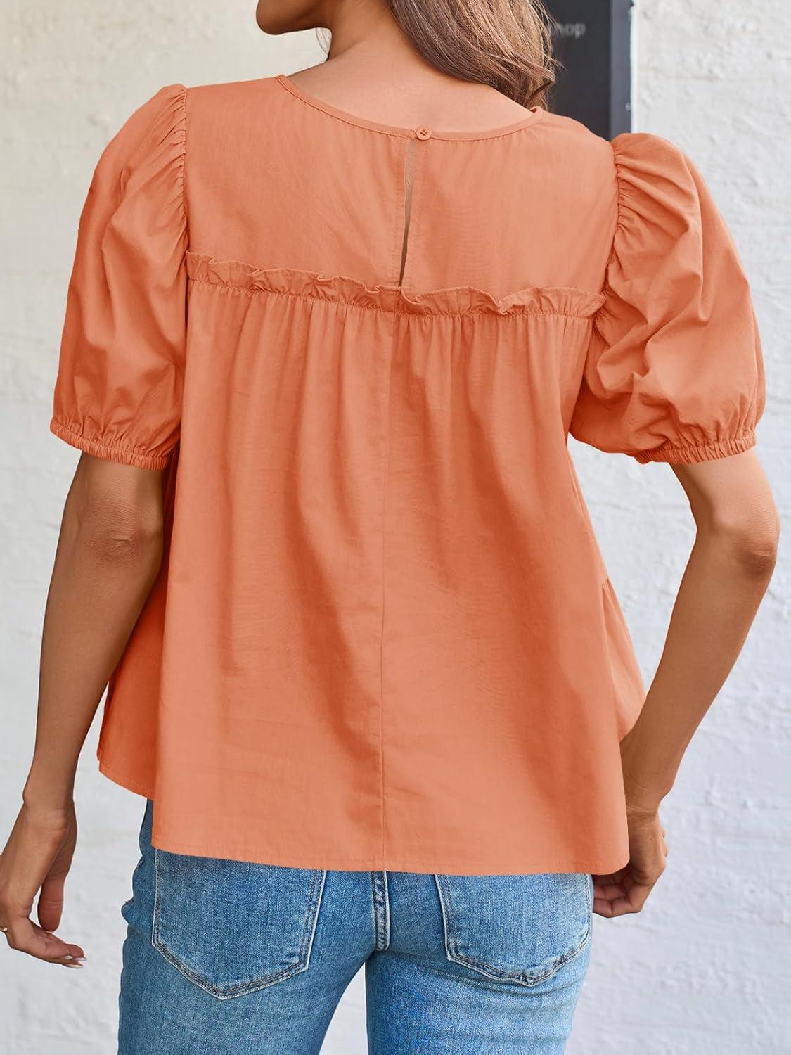 imageTankaneo Womens Puff Sleeve Peplum Babydoll Tops Summer Smoked Pleated Cotton TShirts Casual Loose Fit Flowy BlouseOrange