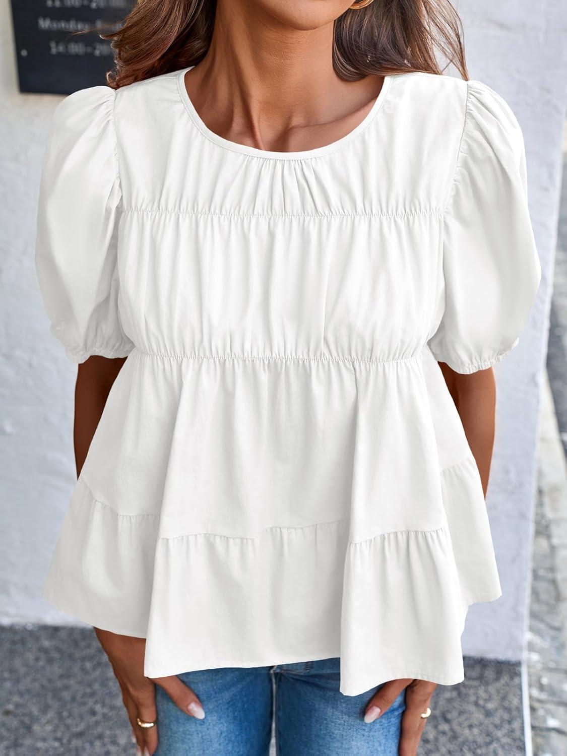 imageTankaneo Womens Puff Sleeve Peplum Babydoll Tops Summer Smoked Pleated Cotton TShirts Casual Loose Fit Flowy BlouseWhite