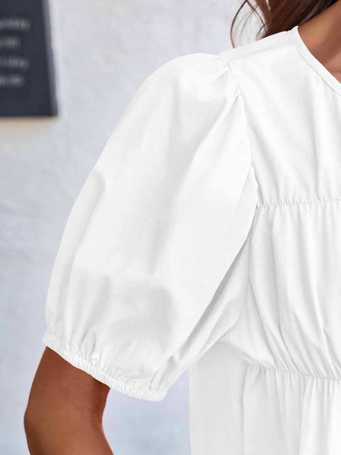 imageTankaneo Womens Puff Sleeve Peplum Babydoll Tops Summer Smoked Pleated Cotton TShirts Casual Loose Fit Flowy BlouseWhite