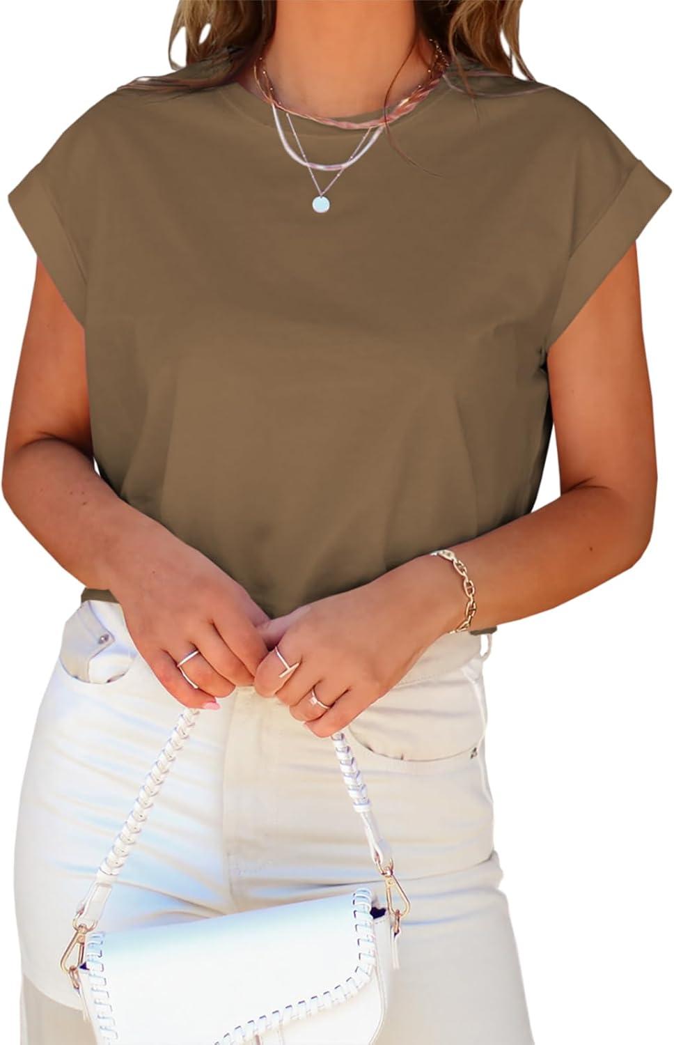 imageTankaneo Womens Short Sleeve Cropped TShirts Summer Rolled Dolman Sleeve Crop Tops Casual Round Neck Solid Short Basic Tees13dkhaki