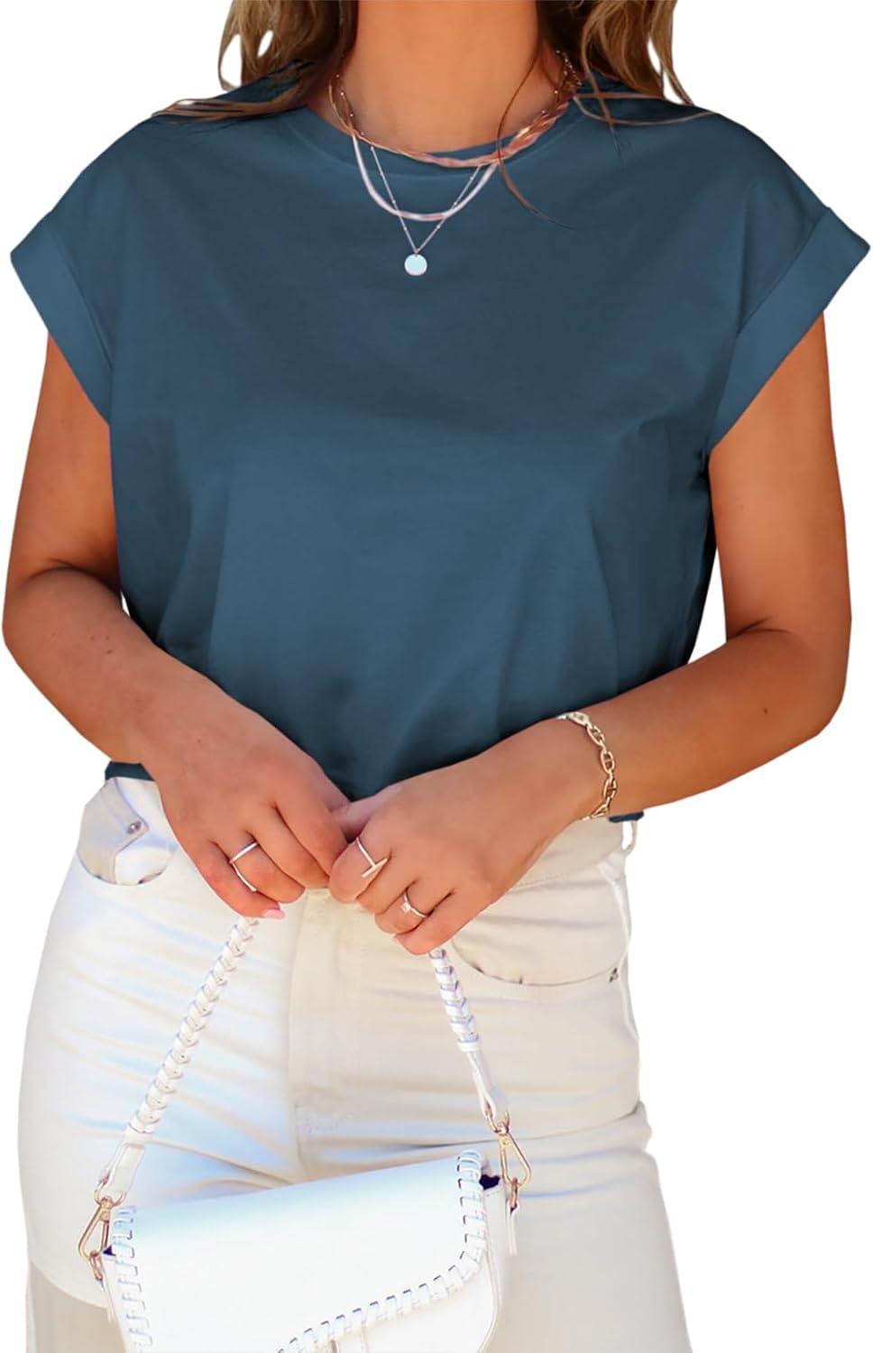 imageTankaneo Womens Short Sleeve Cropped TShirts Summer Rolled Dolman Sleeve Crop Tops Casual Round Neck Solid Short Basic Tees14lake Blue