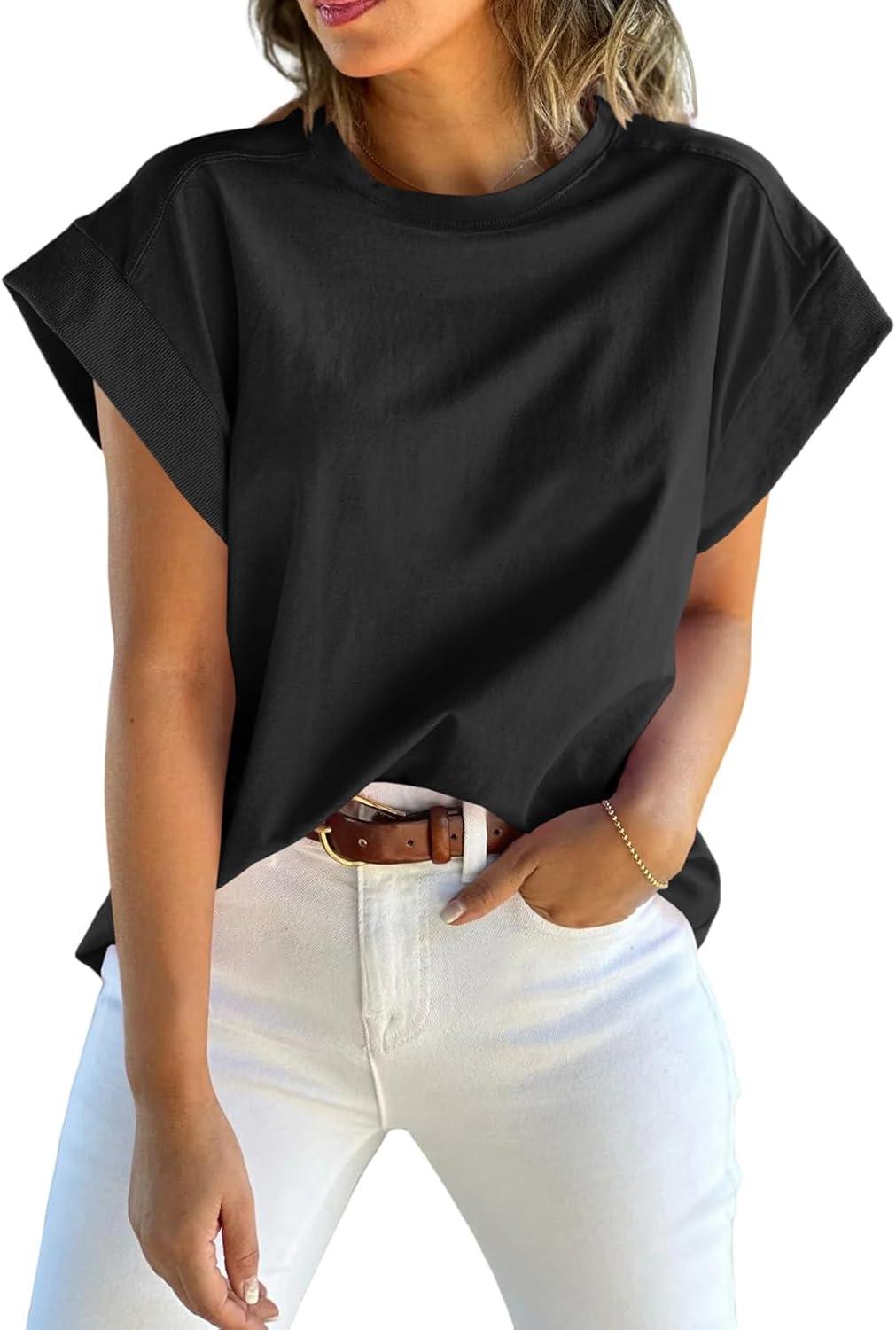 imageTankaneo Womens Summer Cap Sleeve Tank Top Crew Neck Solid Casual Loose Fit Basic Tee ShirtBlack