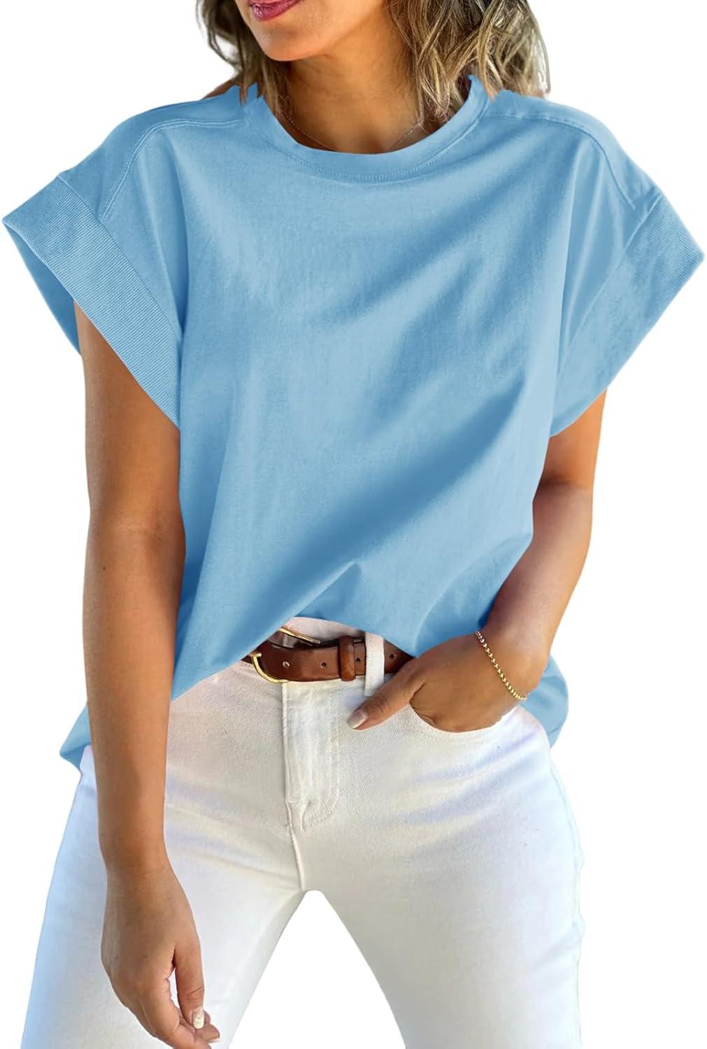 imageTankaneo Womens Summer Cap Sleeve Tank Top Crew Neck Solid Casual Loose Fit Basic Tee ShirtBlue