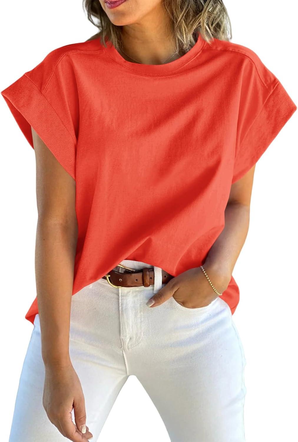 imageTankaneo Womens Summer Cap Sleeve Tank Top Crew Neck Solid Casual Loose Fit Basic Tee ShirtBrick Red