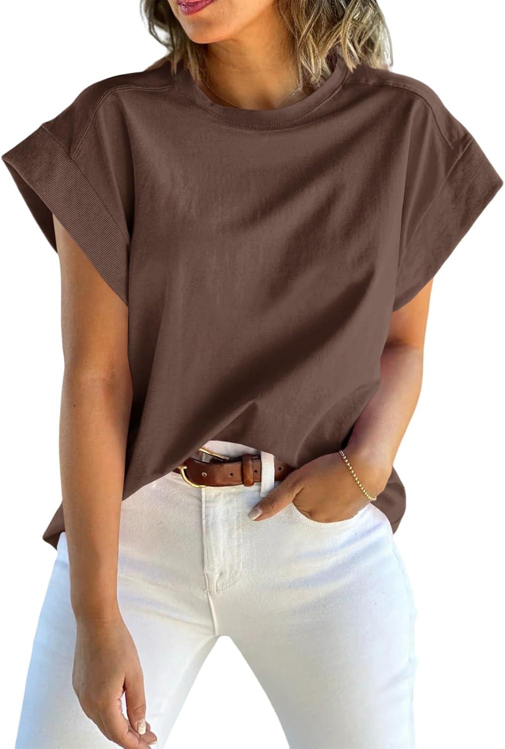 imageTankaneo Womens Summer Cap Sleeve Tank Top Crew Neck Solid Casual Loose Fit Basic Tee ShirtBrown