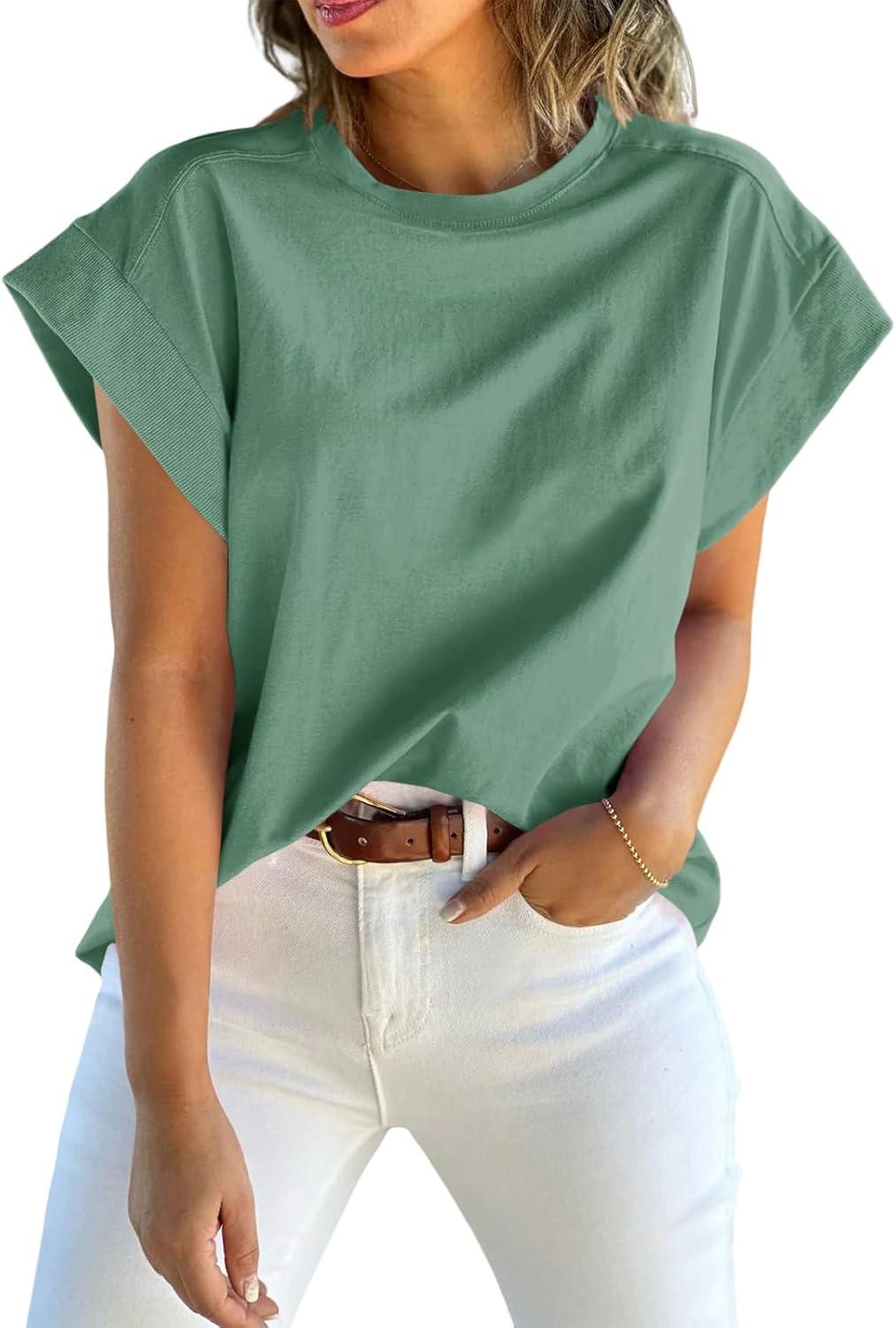 imageTankaneo Womens Summer Cap Sleeve Tank Top Crew Neck Solid Casual Loose Fit Basic Tee ShirtGreen