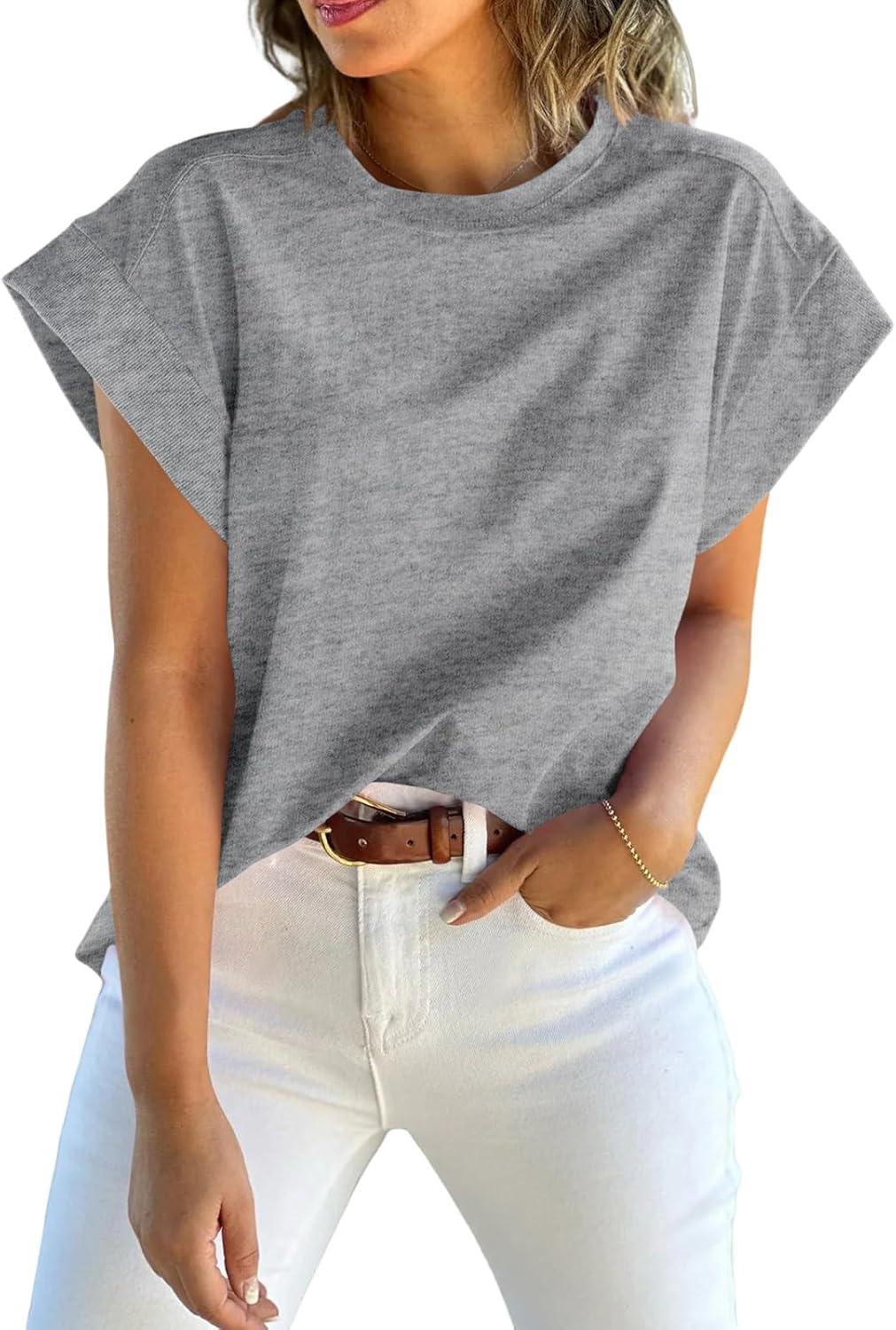 imageTankaneo Womens Summer Cap Sleeve Tank Top Crew Neck Solid Casual Loose Fit Basic Tee ShirtGrey