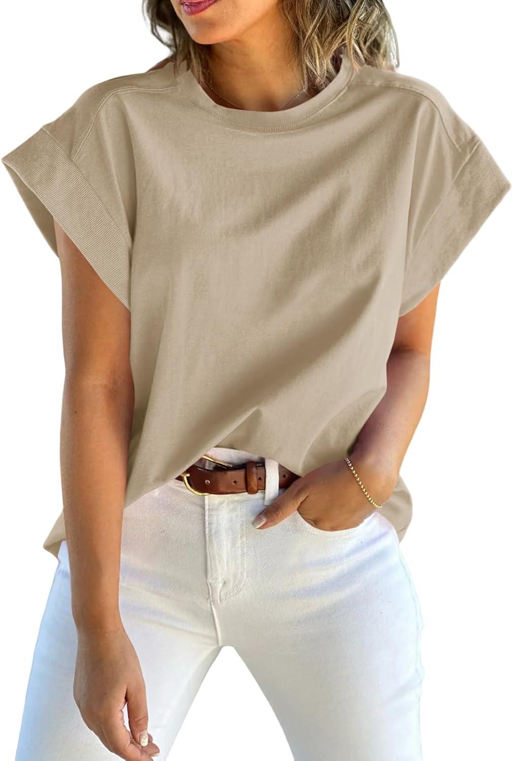 imageTankaneo Womens Summer Cap Sleeve Tank Top Crew Neck Solid Casual Loose Fit Basic Tee ShirtKhaki