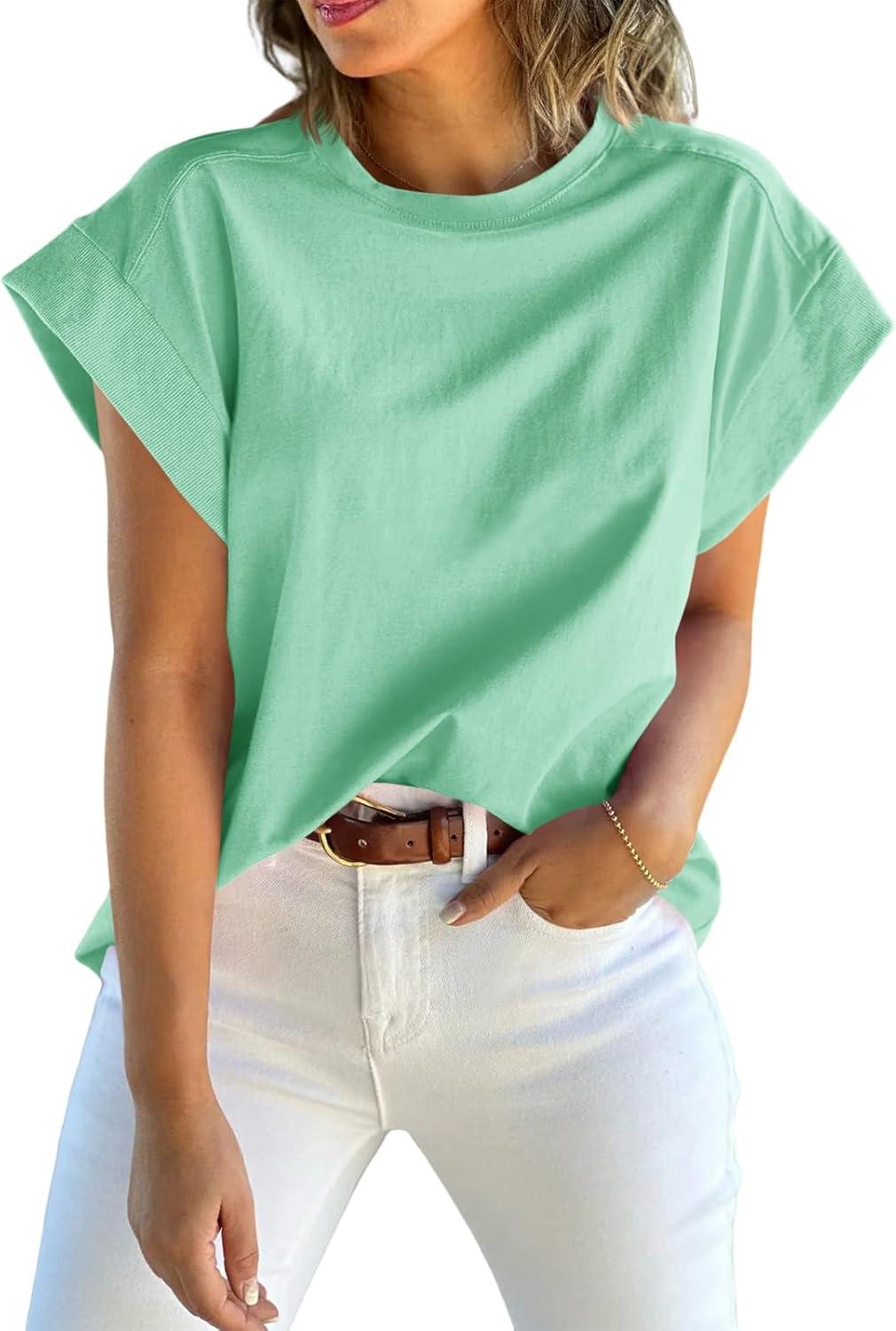 imageTankaneo Womens Summer Cap Sleeve Tank Top Crew Neck Solid Casual Loose Fit Basic Tee ShirtLight Green