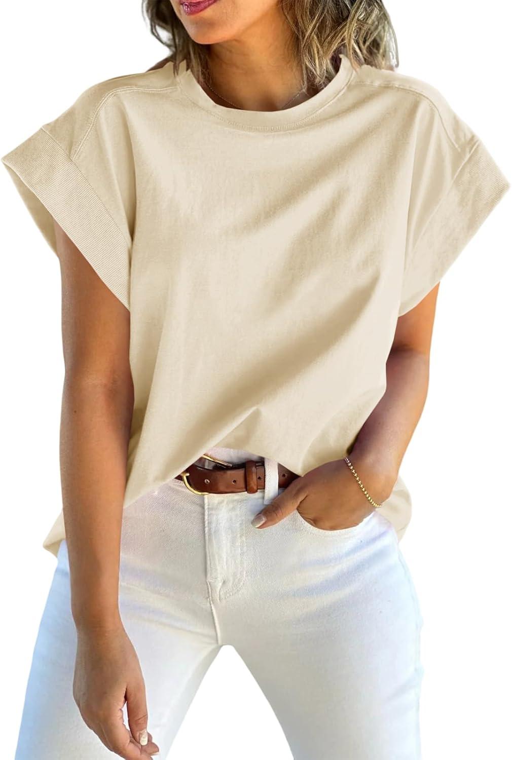 imageTankaneo Womens Summer Cap Sleeve Tank Top Crew Neck Solid Casual Loose Fit Basic Tee ShirtOffwhite