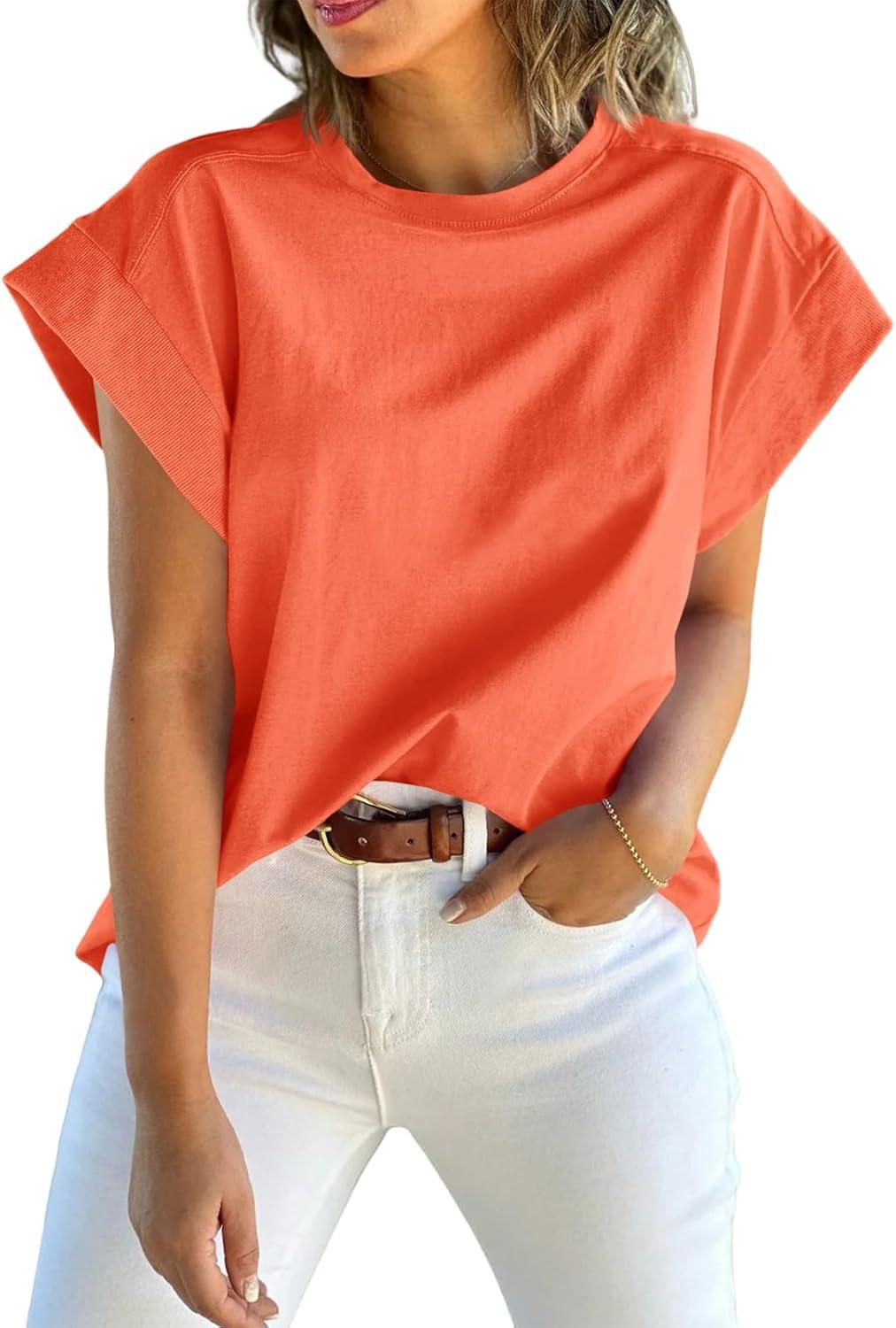 imageTankaneo Womens Summer Cap Sleeve Tank Top Crew Neck Solid Casual Loose Fit Basic Tee ShirtOrange