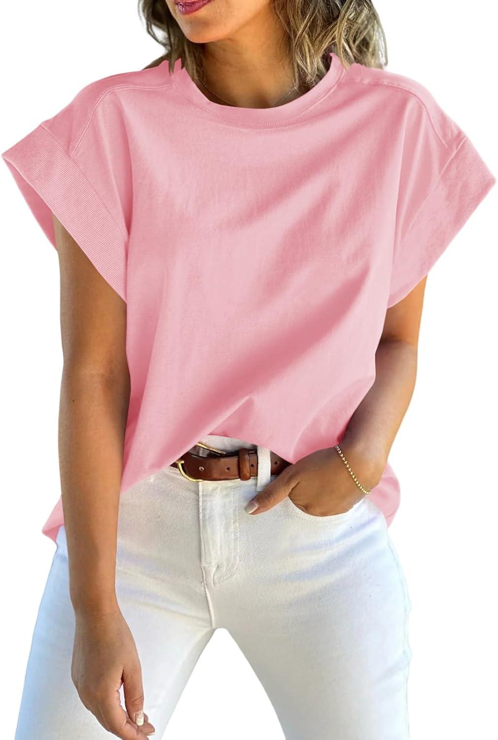 imageTankaneo Womens Summer Cap Sleeve Tank Top Crew Neck Solid Casual Loose Fit Basic Tee ShirtPink