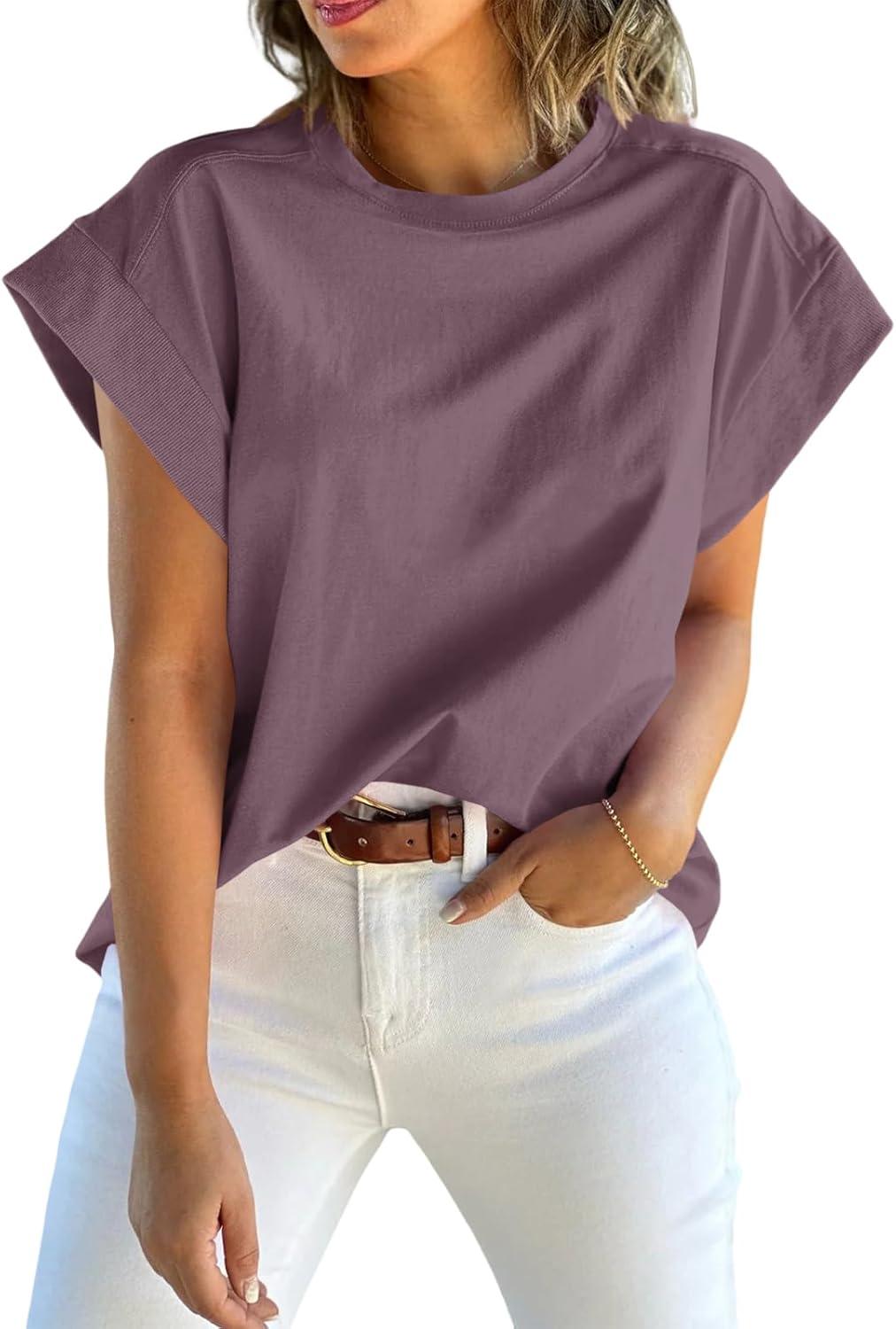 imageTankaneo Womens Summer Cap Sleeve Tank Top Crew Neck Solid Casual Loose Fit Basic Tee ShirtPurple