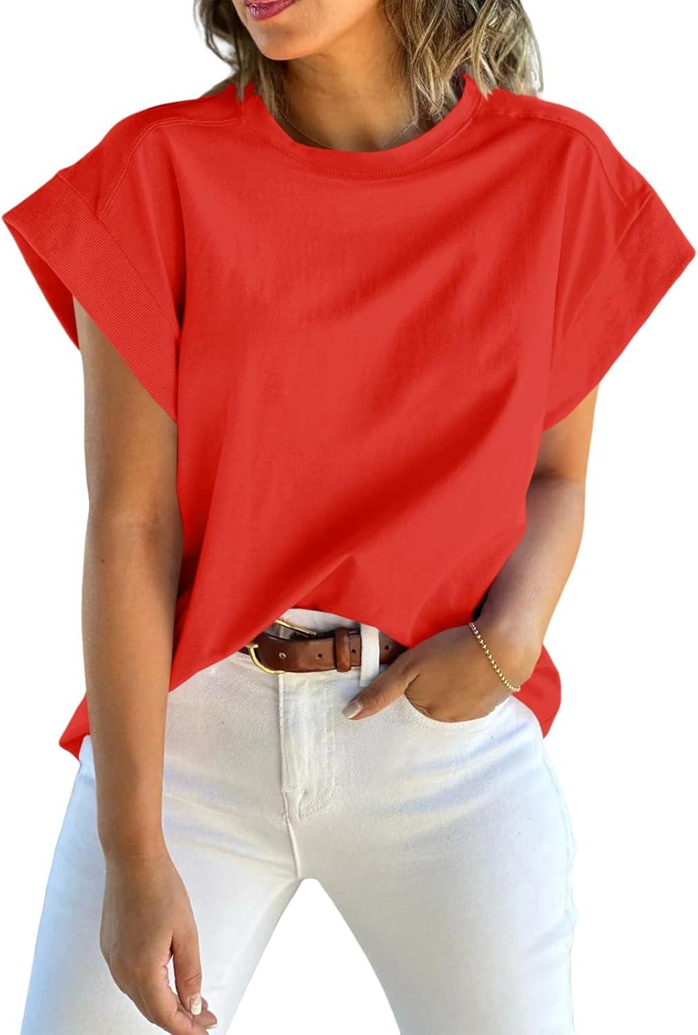 imageTankaneo Womens Summer Cap Sleeve Tank Top Crew Neck Solid Casual Loose Fit Basic Tee ShirtRed