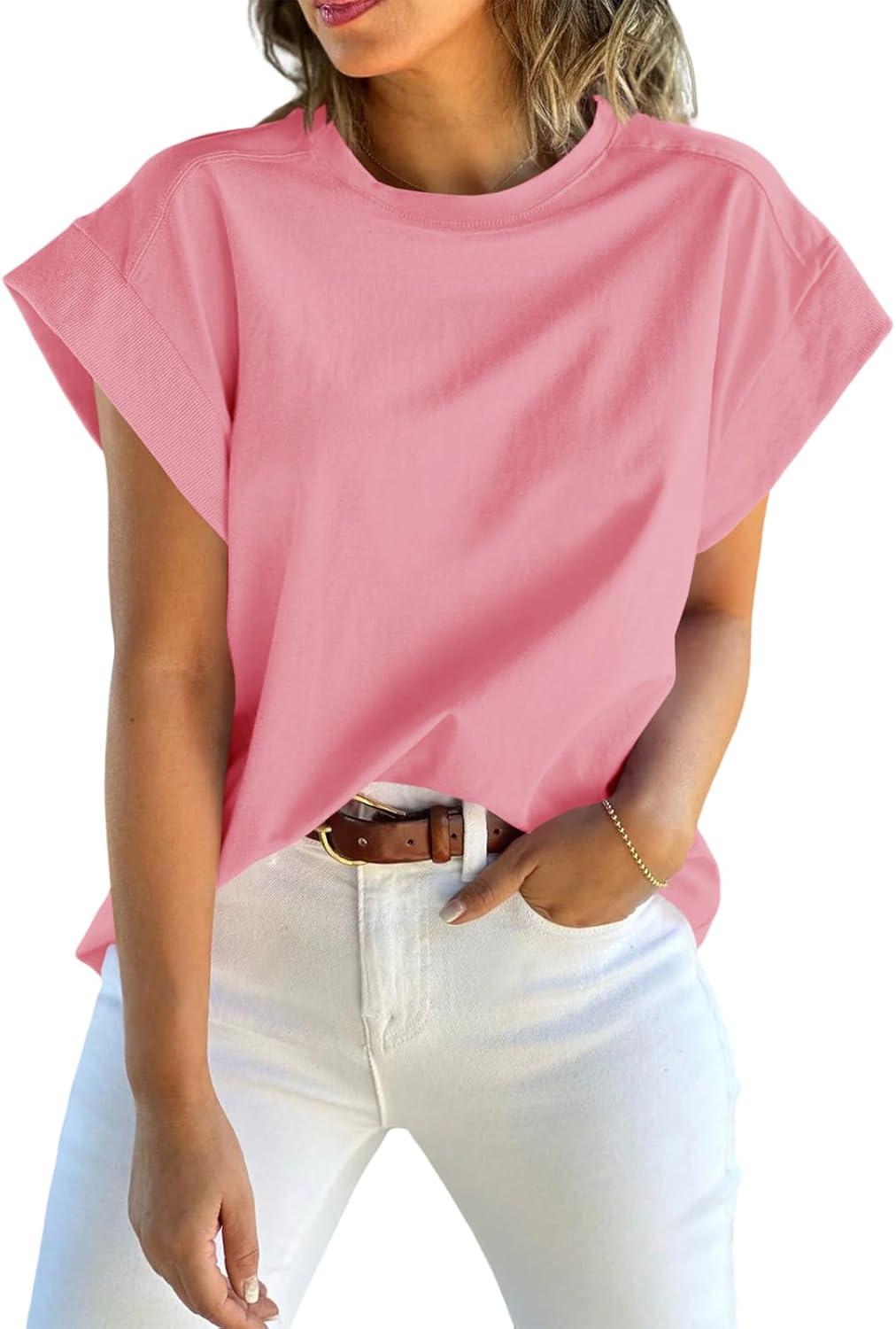 imageTankaneo Womens Summer Cap Sleeve Tank Top Crew Neck Solid Casual Loose Fit Basic Tee ShirtWatermelon Red