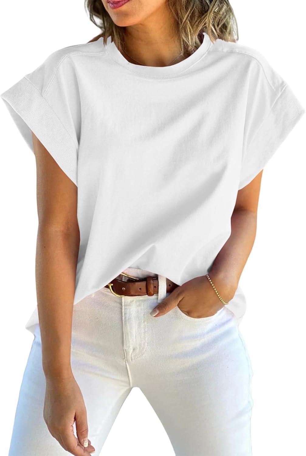 imageTankaneo Womens Summer Cap Sleeve Tank Top Crew Neck Solid Casual Loose Fit Basic Tee ShirtWhite