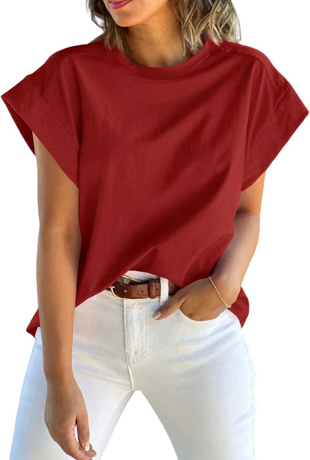 imageTankaneo Womens Summer Cap Sleeve Tank Top Crew Neck Solid Casual Loose Fit Basic Tee ShirtWine Red