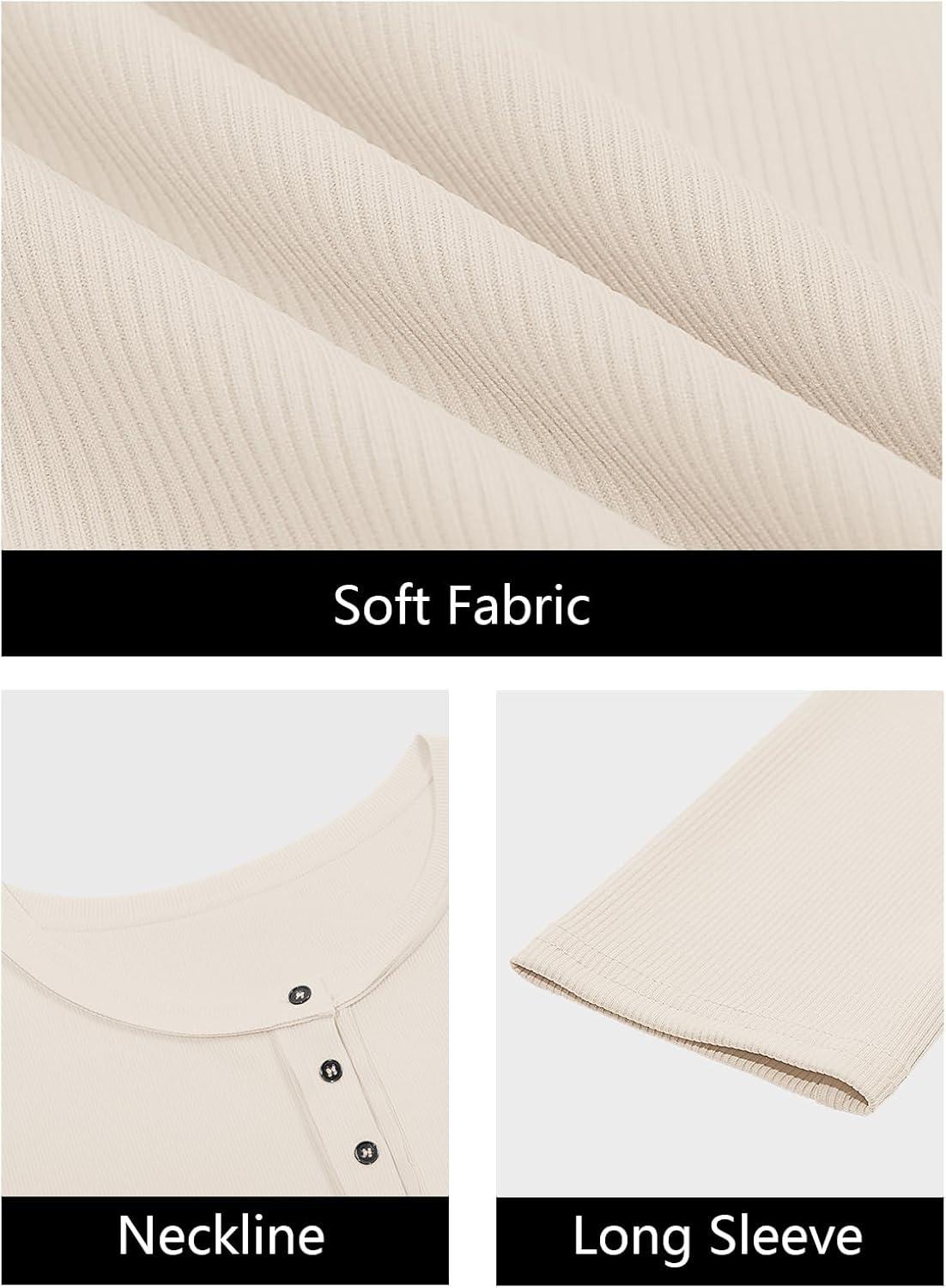 imageWomens Ribbed Knit Henley Shirts Fall Long Sleeve Tops Basic TShirts 2025 Trendy Casual BlousesApricot