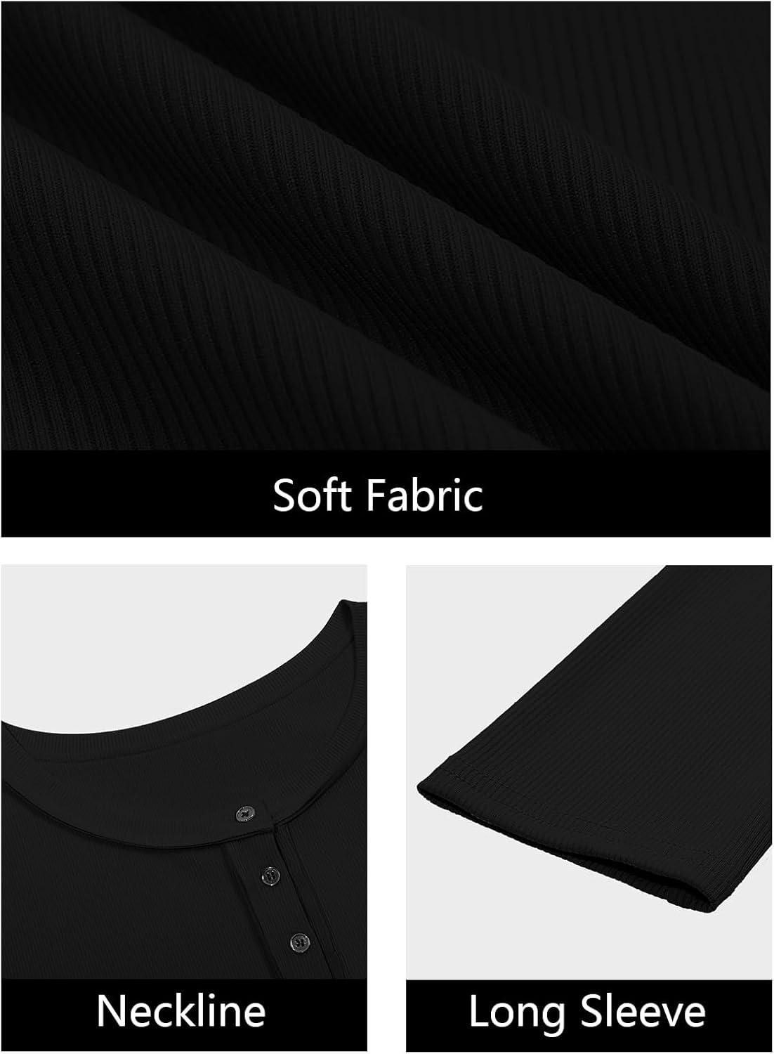 imageWomens Ribbed Knit Henley Shirts Fall Long Sleeve Tops Basic TShirts 2025 Trendy Casual BlousesBlack