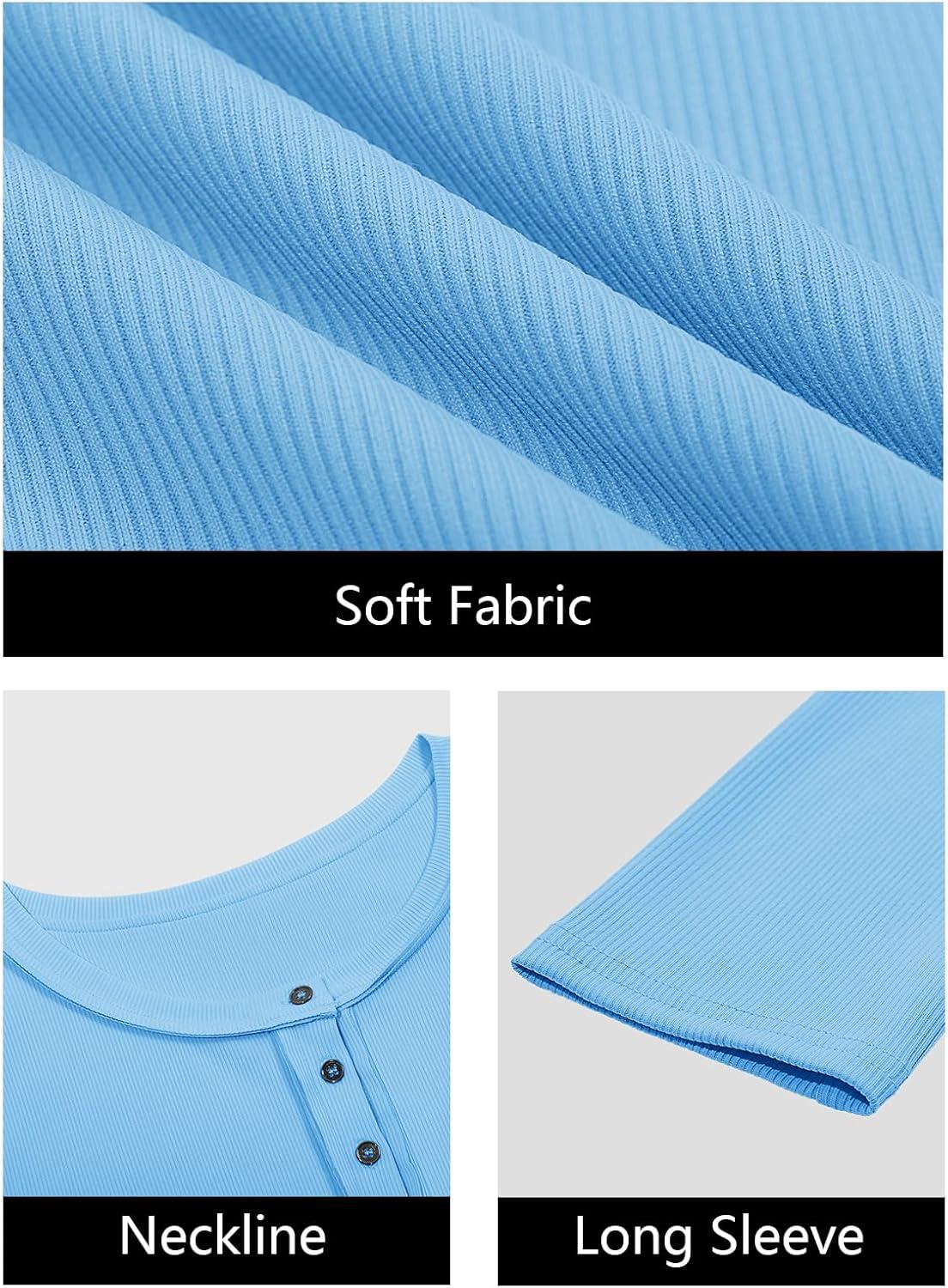 imageWomens Ribbed Knit Henley Shirts Fall Long Sleeve Tops Basic TShirts 2025 Trendy Casual BlousesBlue