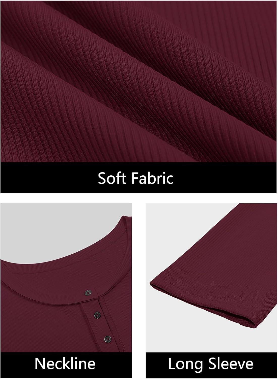 imageWomens Ribbed Knit Henley Shirts Fall Long Sleeve Tops Basic TShirts 2025 Trendy Casual BlousesBurgundy