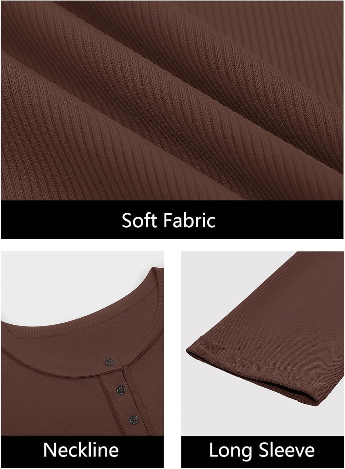 imageWomens Ribbed Knit Henley Shirts Fall Long Sleeve Tops Basic TShirts 2025 Trendy Casual BlousesCoffee