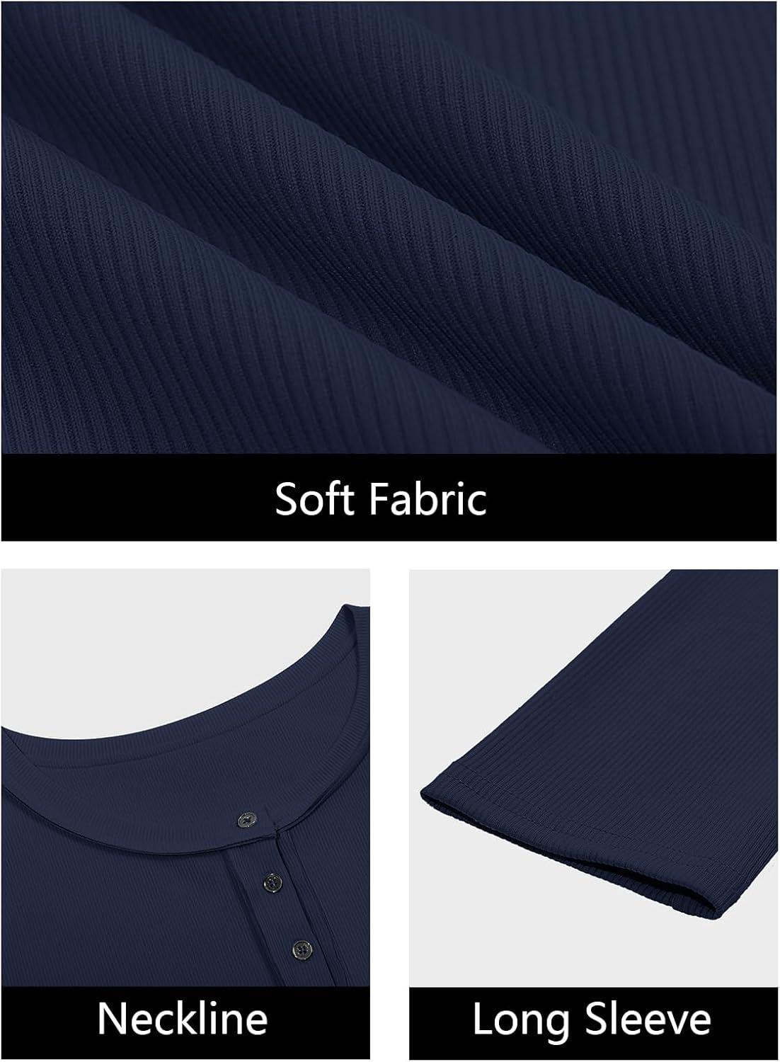 imageWomens Ribbed Knit Henley Shirts Fall Long Sleeve Tops Basic TShirts 2025 Trendy Casual BlousesNavy