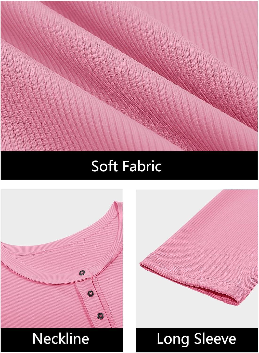 imageWomens Ribbed Knit Henley Shirts Fall Long Sleeve Tops Basic TShirts 2025 Trendy Casual BlousesPink