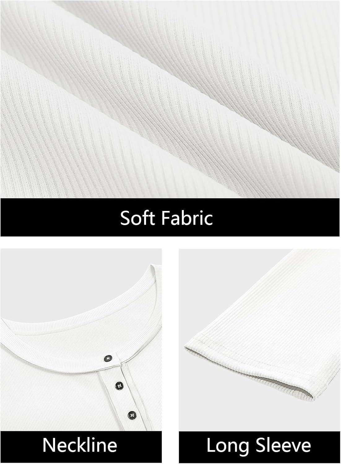 imageWomens Ribbed Knit Henley Shirts Fall Long Sleeve Tops Basic TShirts 2025 Trendy Casual BlousesWhite