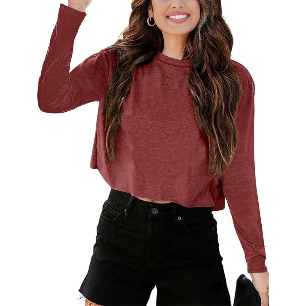 imageTankaneo Women Long Sleeve Crop Tops Loose Crew Neck Cropped TShirts Drop Shoulder Casual Basic Tees LBlueLwine Red