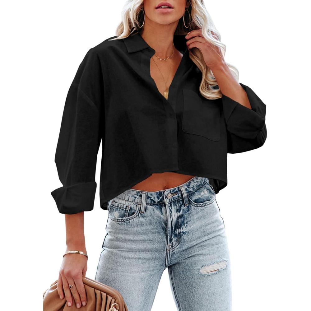 imageTankaneo Womens Button Down Cropped Shirts Long Sleeve Casual Crop Tops Solid Lapel Blouse Shirt with Chest Pocket02black