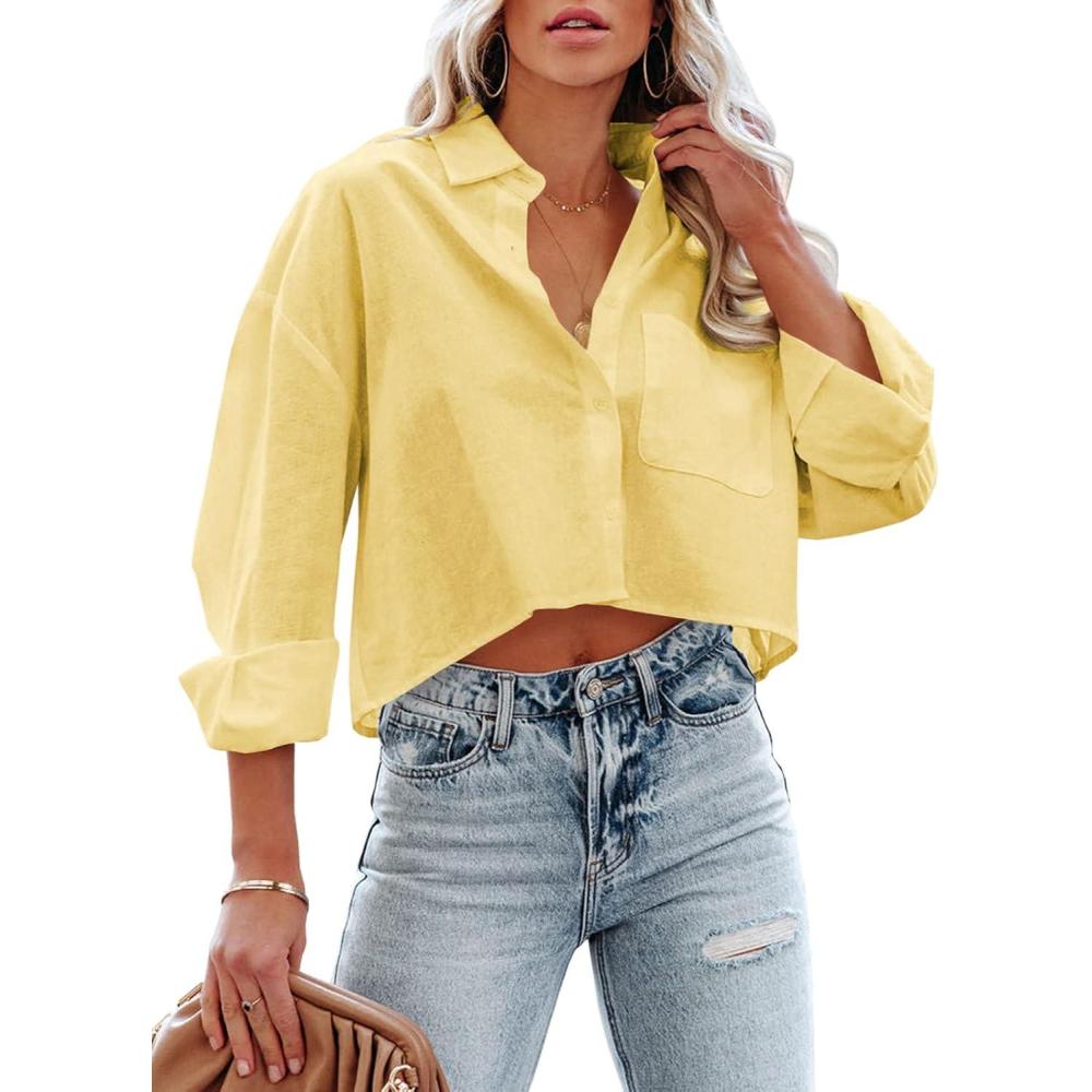 imageTankaneo Womens Button Down Cropped Shirts Long Sleeve Casual Crop Tops Solid Lapel Blouse Shirt with Chest Pocket05yellow