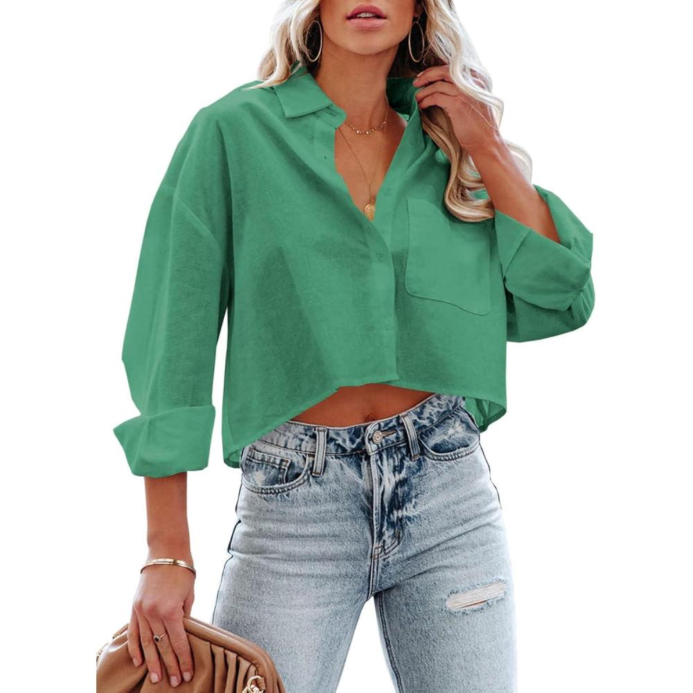 imageTankaneo Womens Button Down Cropped Shirts Long Sleeve Casual Crop Tops Solid Lapel Blouse Shirt with Chest Pocket06green