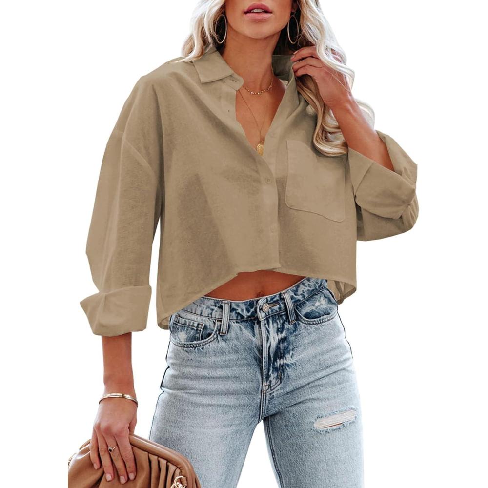 imageTankaneo Womens Button Down Cropped Shirts Long Sleeve Casual Crop Tops Solid Lapel Blouse Shirt with Chest Pocket07khaki