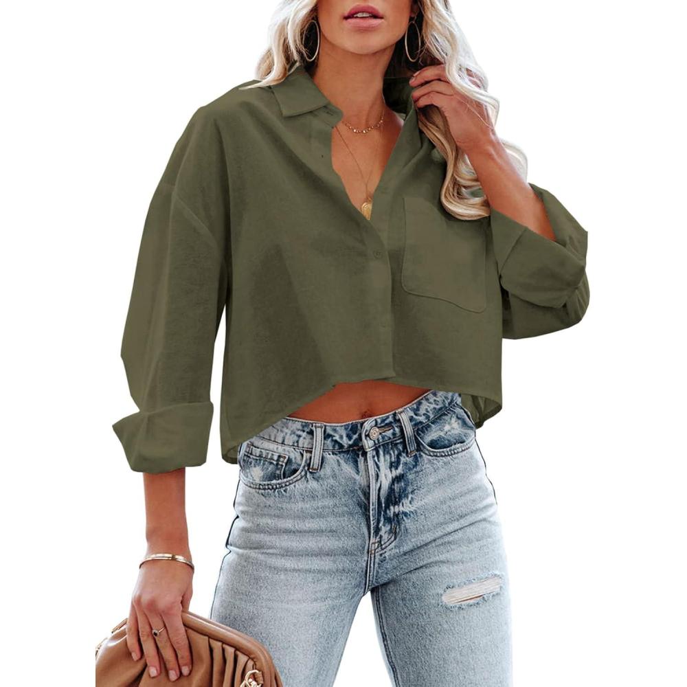 imageTankaneo Womens Button Down Cropped Shirts Long Sleeve Casual Crop Tops Solid Lapel Blouse Shirt with Chest Pocket08army Green
