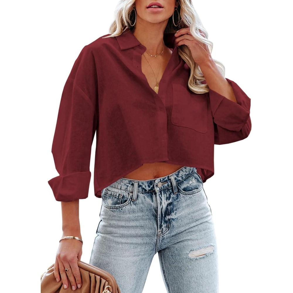 imageTankaneo Womens Button Down Cropped Shirts Long Sleeve Casual Crop Tops Solid Lapel Blouse Shirt with Chest Pocket09burgundy