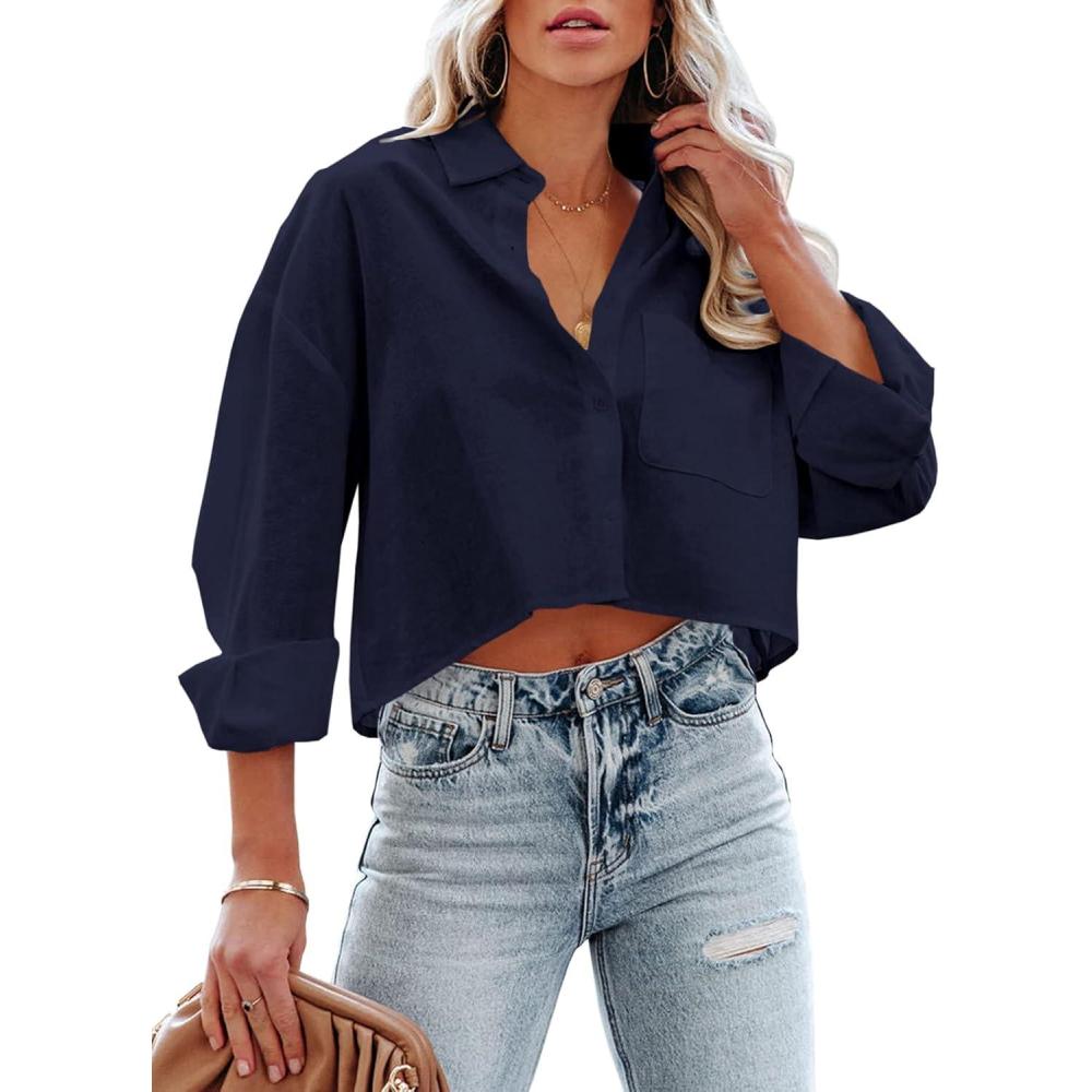imageTankaneo Womens Button Down Cropped Shirts Long Sleeve Casual Crop Tops Solid Lapel Blouse Shirt with Chest Pocket10navy Blue