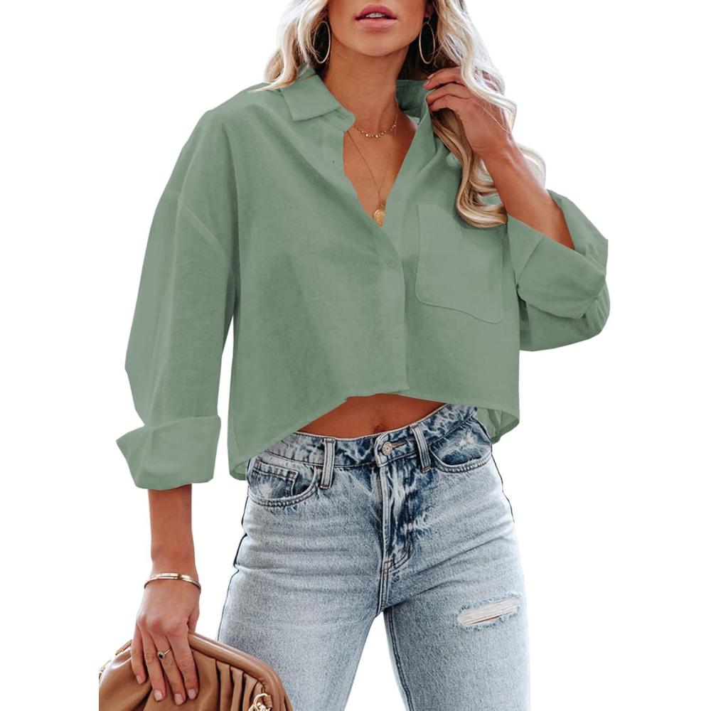 imageTankaneo Womens Button Down Cropped Shirts Long Sleeve Casual Crop Tops Solid Lapel Blouse Shirt with Chest Pocket12light Green