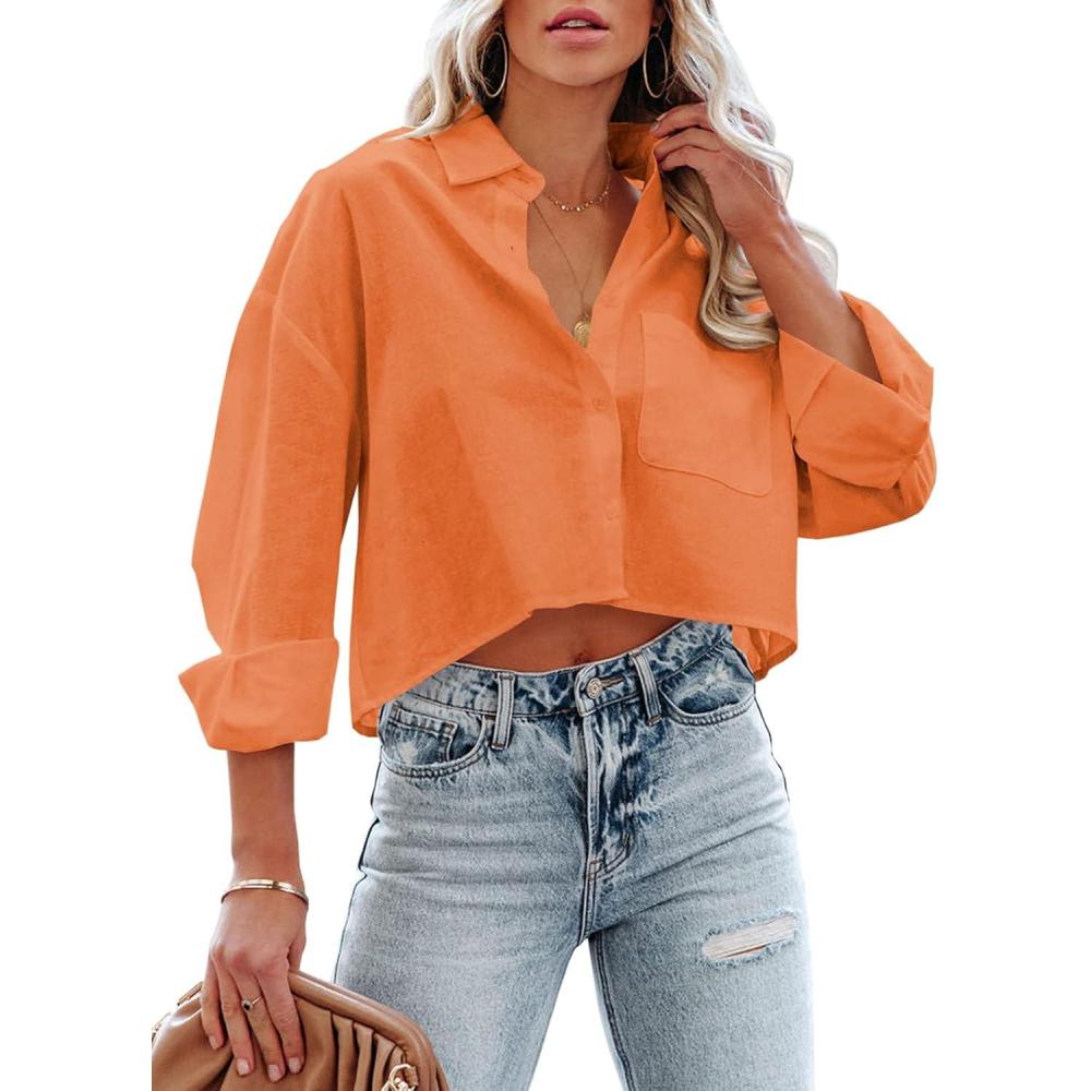 imageTankaneo Womens Button Down Cropped Shirts Long Sleeve Casual Crop Tops Solid Lapel Blouse Shirt with Chest Pocket15orange