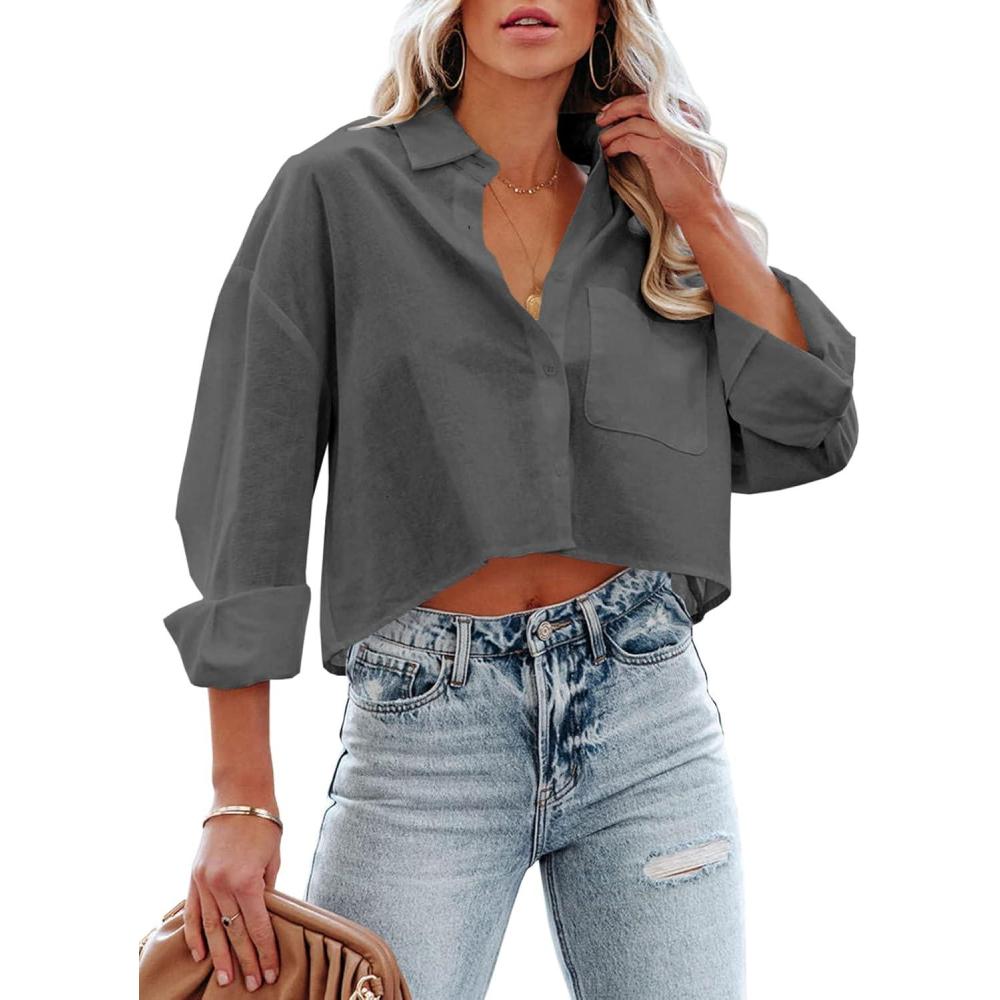 imageTankaneo Womens Button Down Cropped Shirts Long Sleeve Casual Crop Tops Solid Lapel Blouse Shirt with Chest Pocket16dark Gray