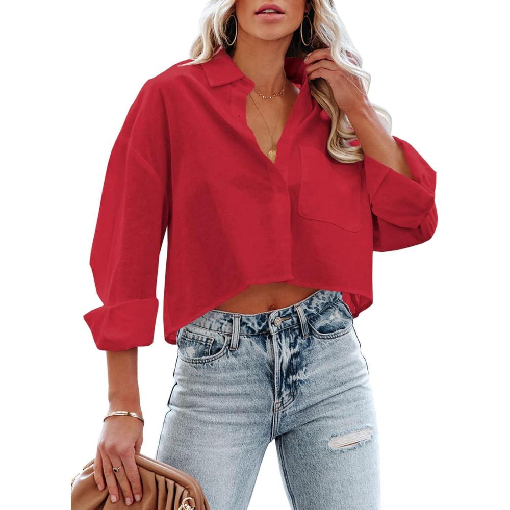 imageTankaneo Womens Button Down Cropped Shirts Long Sleeve Casual Crop Tops Solid Lapel Blouse Shirt with Chest Pocket17red