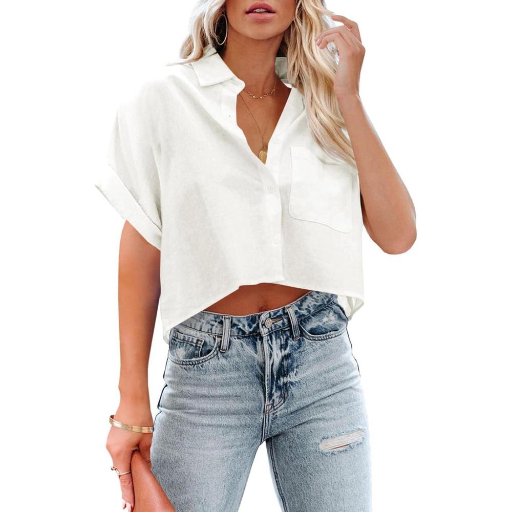 imageTankaneo Womens Button Down Cropped Shirts Long Sleeve Casual Crop Tops Solid Lapel Blouse Shirt with Chest Pocket18white